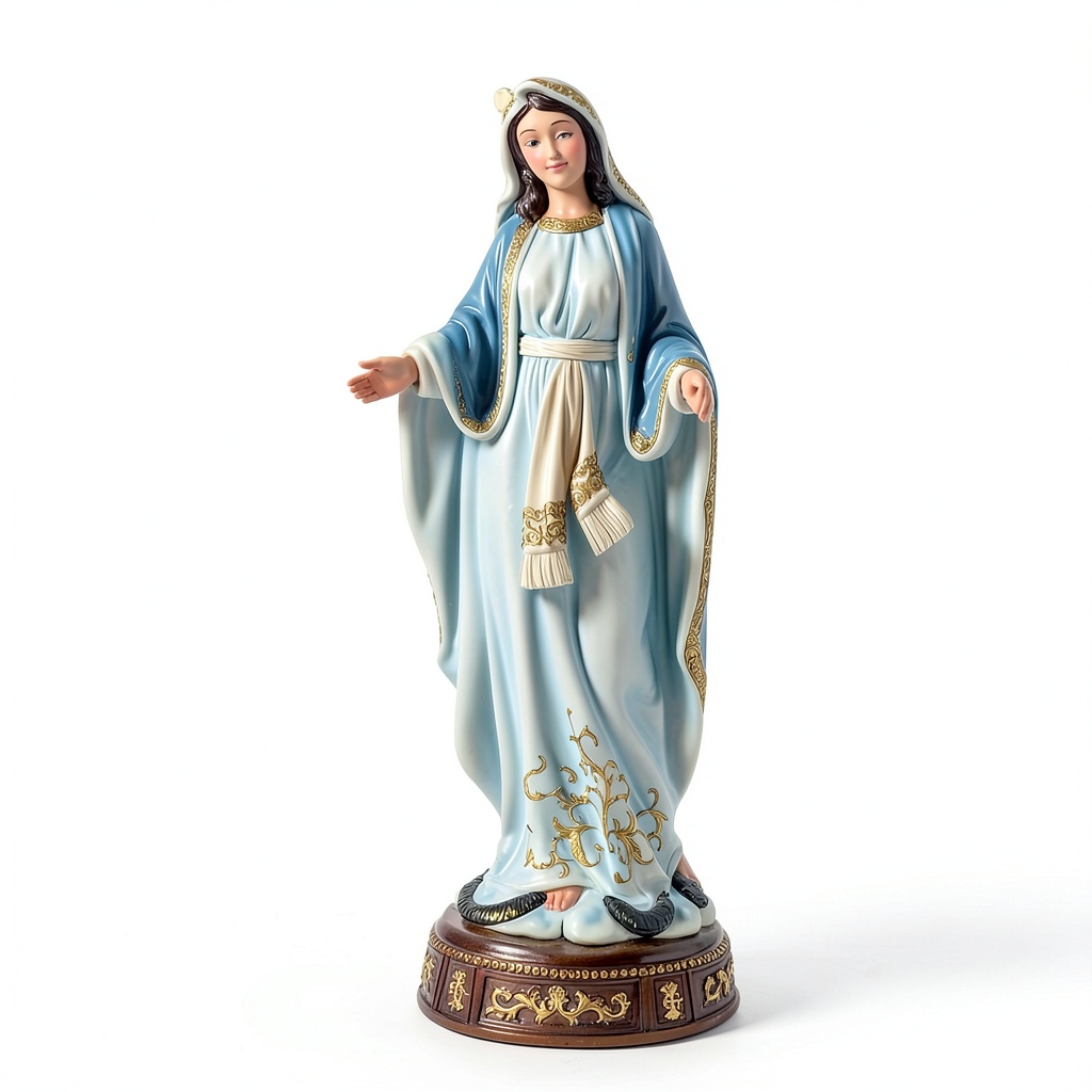 'Ultym Virgin Mary statue displayed on a home altar with soft lighting'