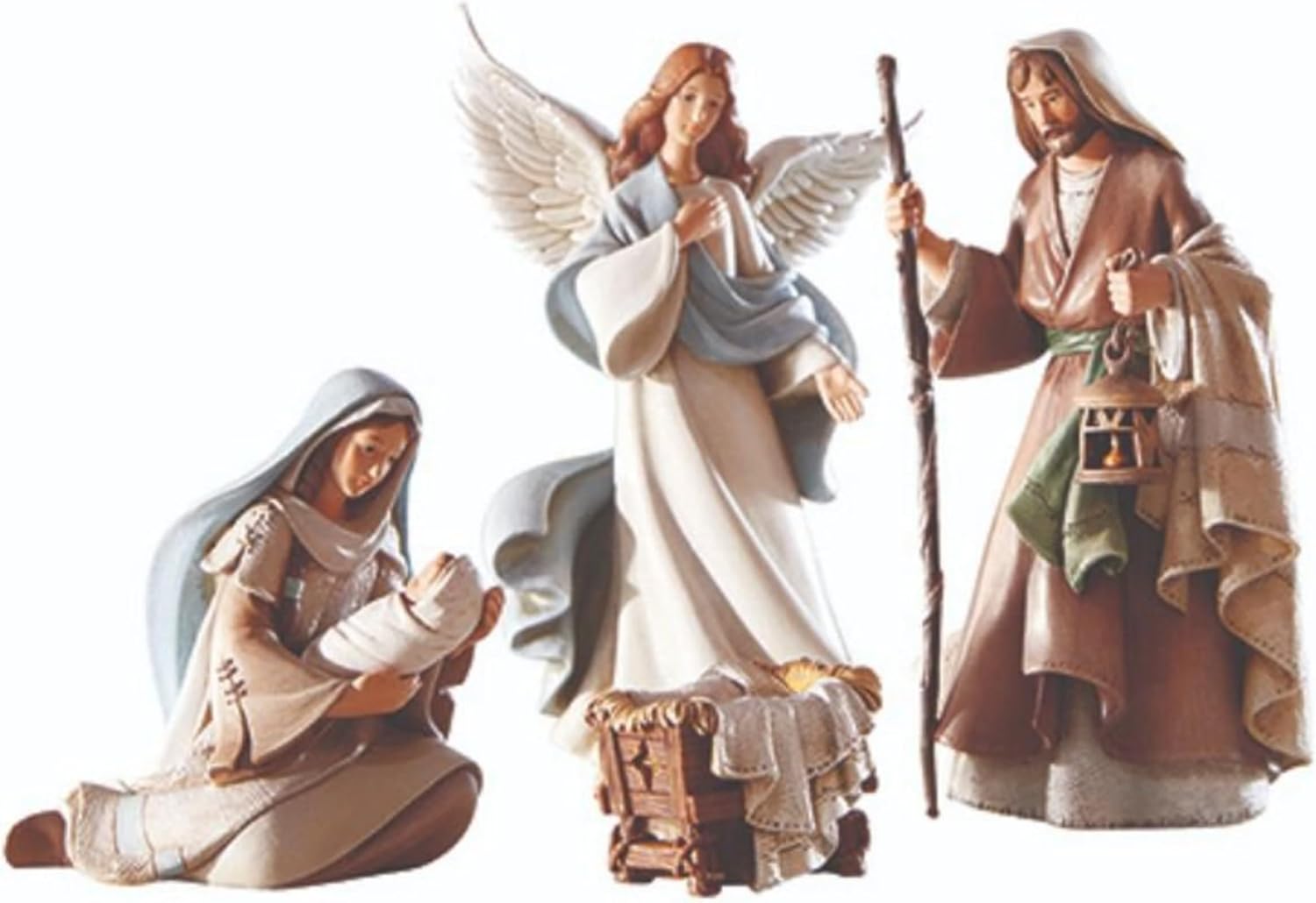 'Holy Family Nativity Set displayed on a mantle with Christmas lights'