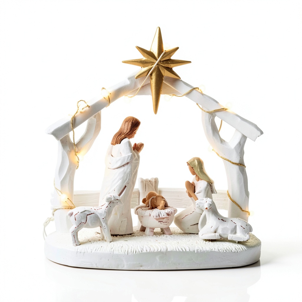 Hotme Nativity Set displayed on a mantel with LED lights glowing