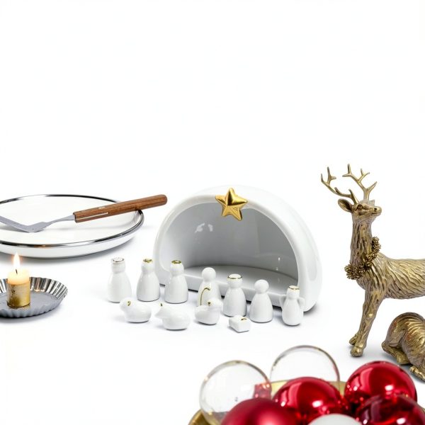 WESTBOAT Ceramic Nativity Set White Gold Christmas Decor-1