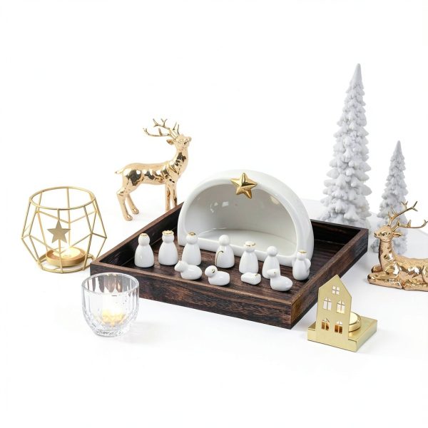 WESTBOAT Ceramic Nativity Set White Gold Christmas Decor-8