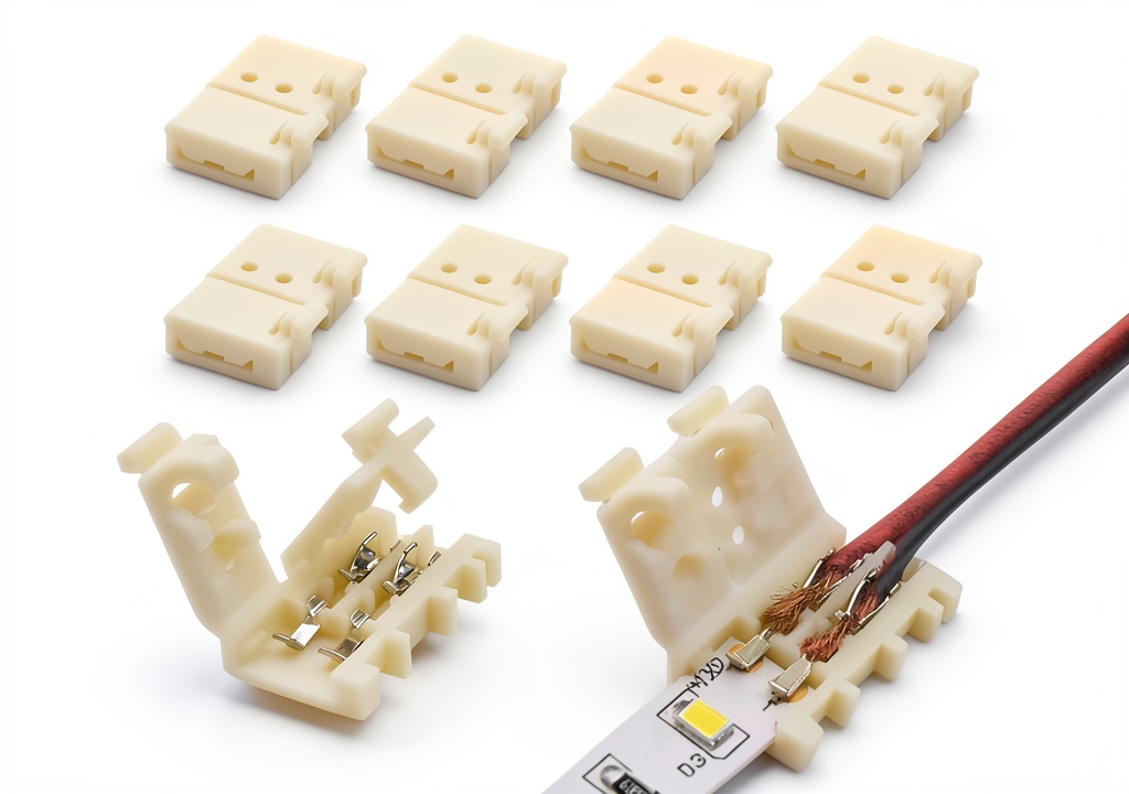 Alightings LED strip connector attached to an 8mm LED strip