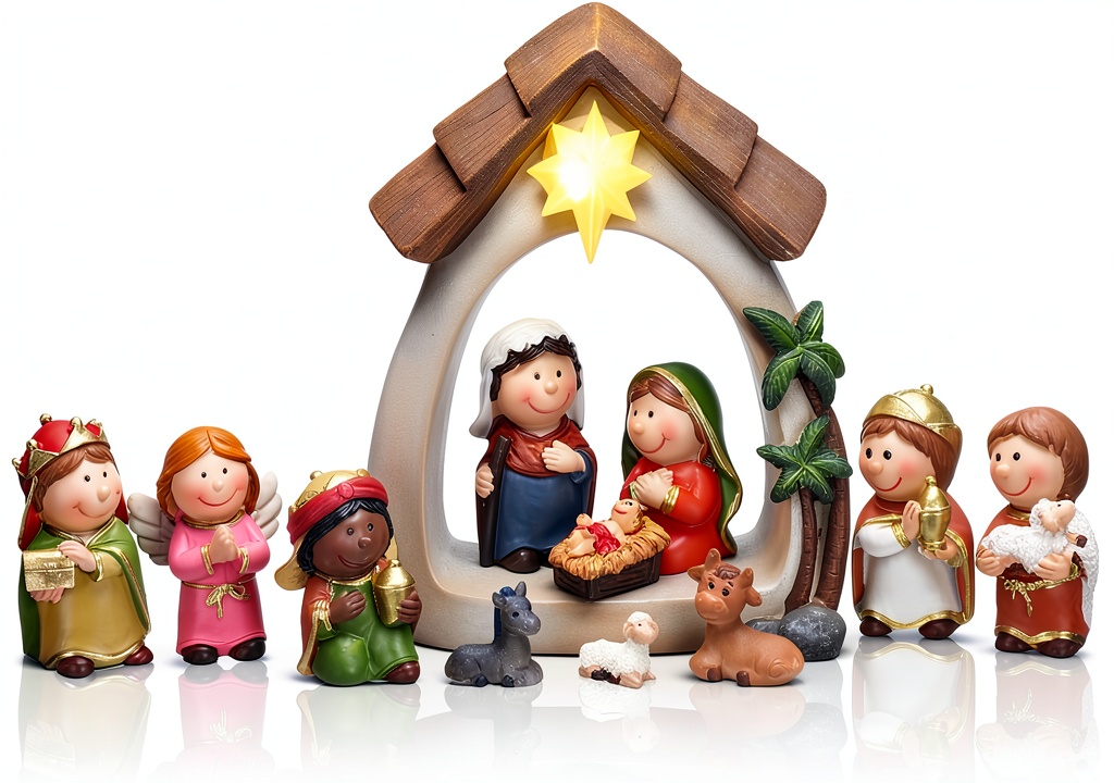 Sintuff Nativity scene set displayed on a festive table with glowing lights