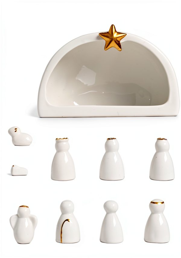 WESTBOAT Ceramic Nativity Set White Gold Christmas Decor-5