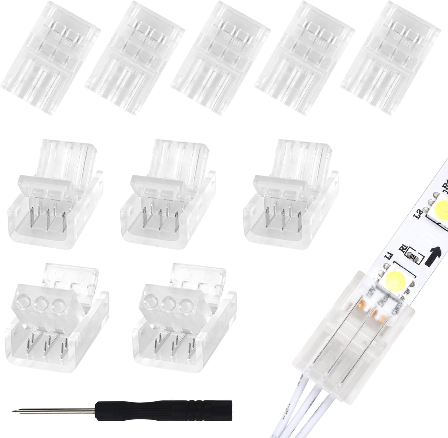 RGBZONE 3-pin LED strip connectors displayed with LED strips and wires