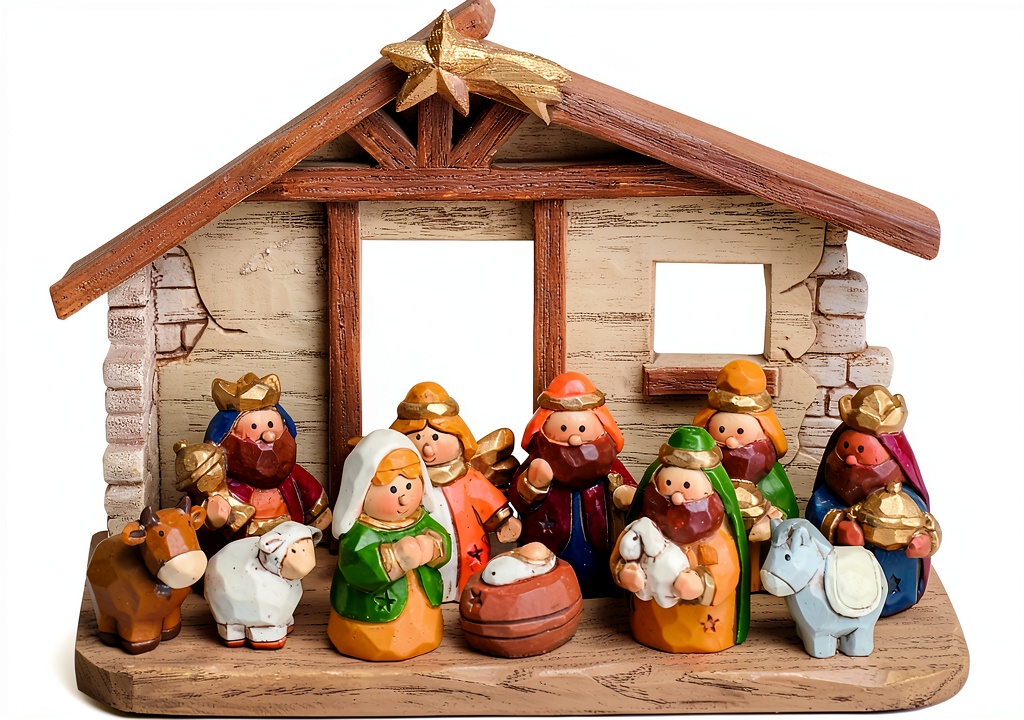 Rustic resin nativity set displayed on a tabletop with stable and figures