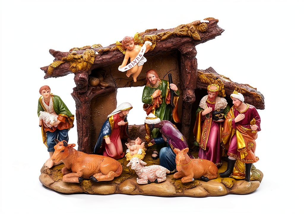 Kurt S Adler nativity scene displayed on a wooden table with holiday background