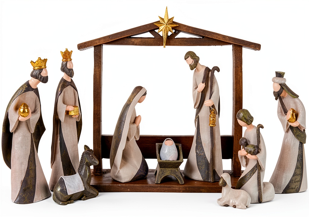 Nativity set displayed on a festive mantel