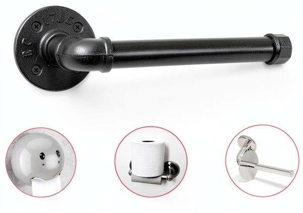 Livabber Industrial Pipe Toilet Paper Holder - Vintage Style DIY Wall Mount Roll Tissue Towel Holder for Bathroom Living Room and Kitchen (9", Black)-2