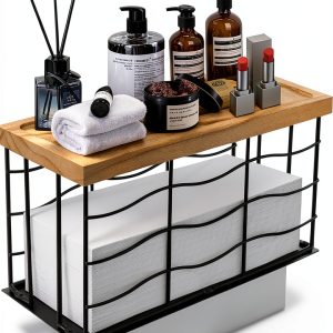 Paper Towel Dispenser Siyzda Metal Wood Holder Matte Black Wall Mount-0